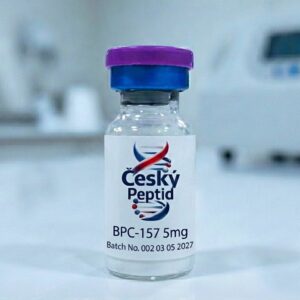 Glass vial of BPC-157 (Body Protection Compound 157) peptide on a clean background, used for accelerated tissue repair and recovery research.