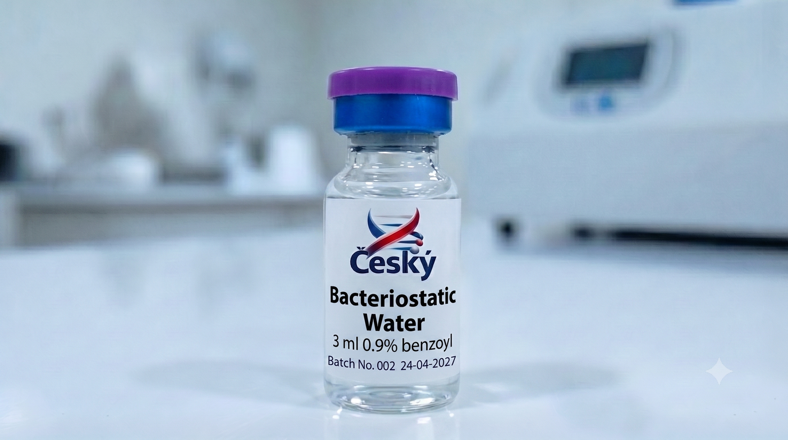Lahvička 3 ml bakteriostatické vody s 0,9% benzylalkoholem k rekonstituci peptidů
